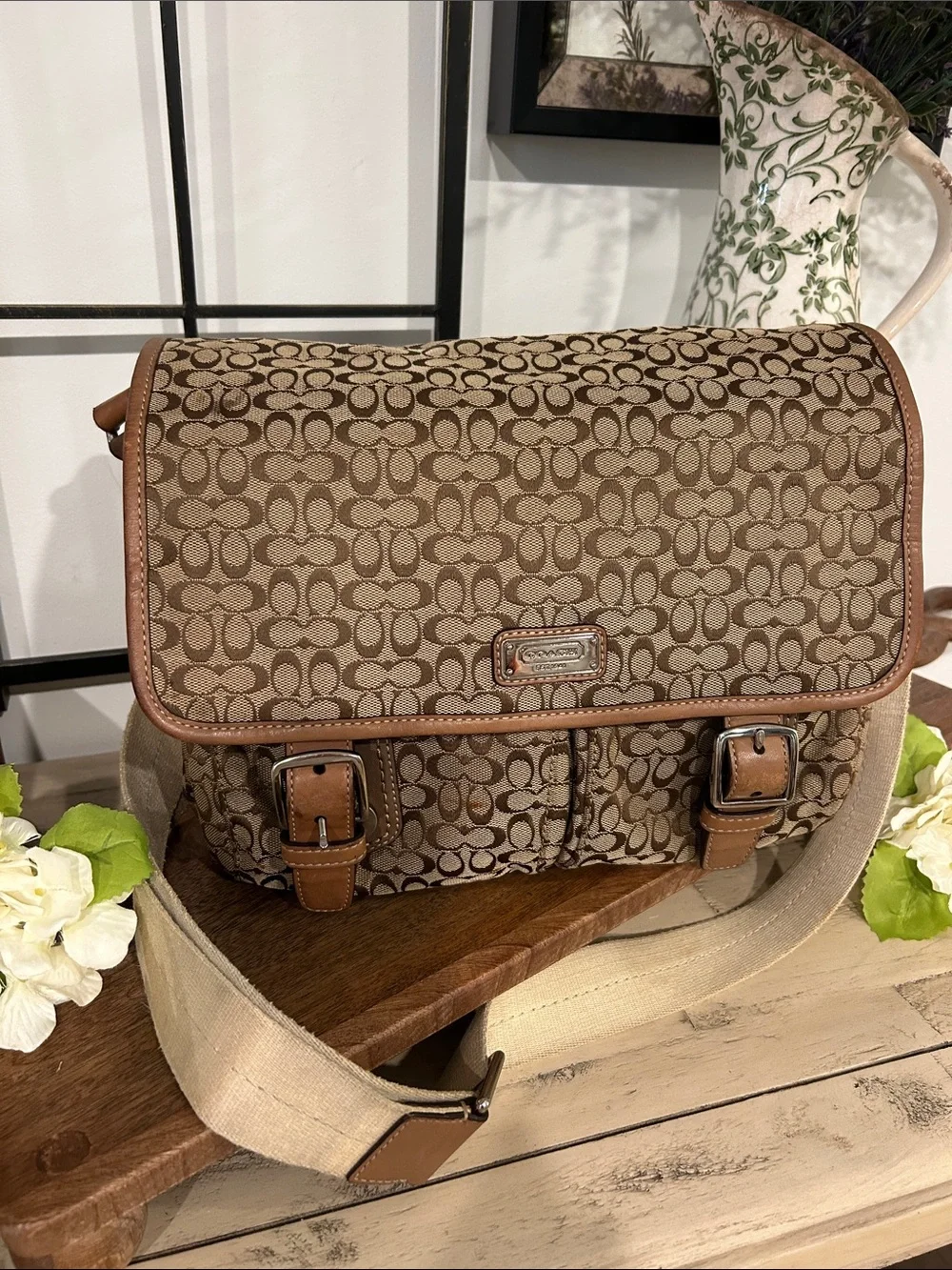 Coach Tan and Brown Signature Canvas Messenger Bag